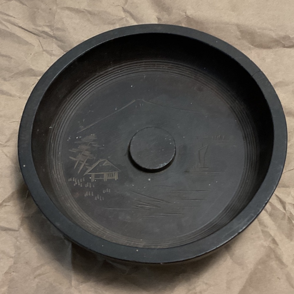 Japanese hand-carved wooden decorative nut cracking bowl etched Mount Fuji